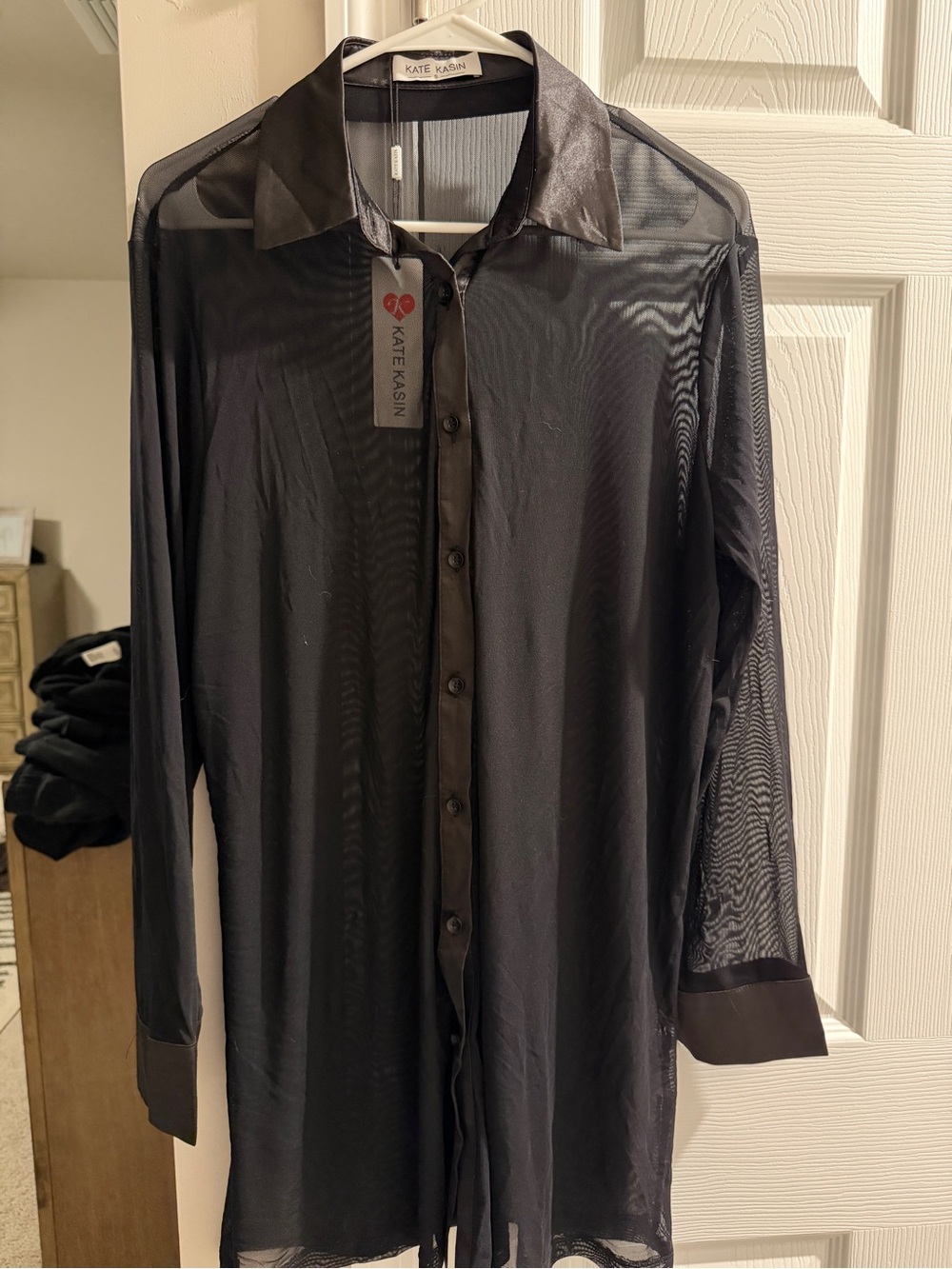 Kate Kasin Black Sheer Button-Down Shirt